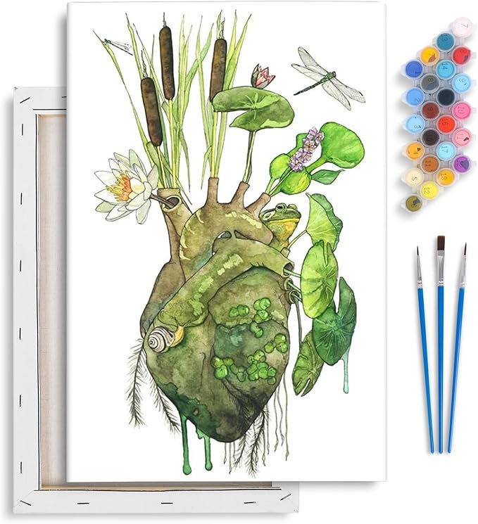 Yezavesu Framed Paint by Numbers Kit for Adults Beginner & Kids Ages 8-12, Heart Paint by Numbers with Frame, DIY Number Painting for Adults Abstract Green Plant for Home Wall Decor Gift 8X 12 inch