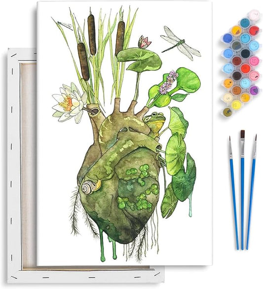 Yezavesu Framed Paint by Numbers Kit for Adults Beginner & Kids Ages 8-12, Heart Paint by Numbers with Frame, DIY Number Painting for Adults Abstract Green Plant for Home Wall Decor Gift 8X 12 inch