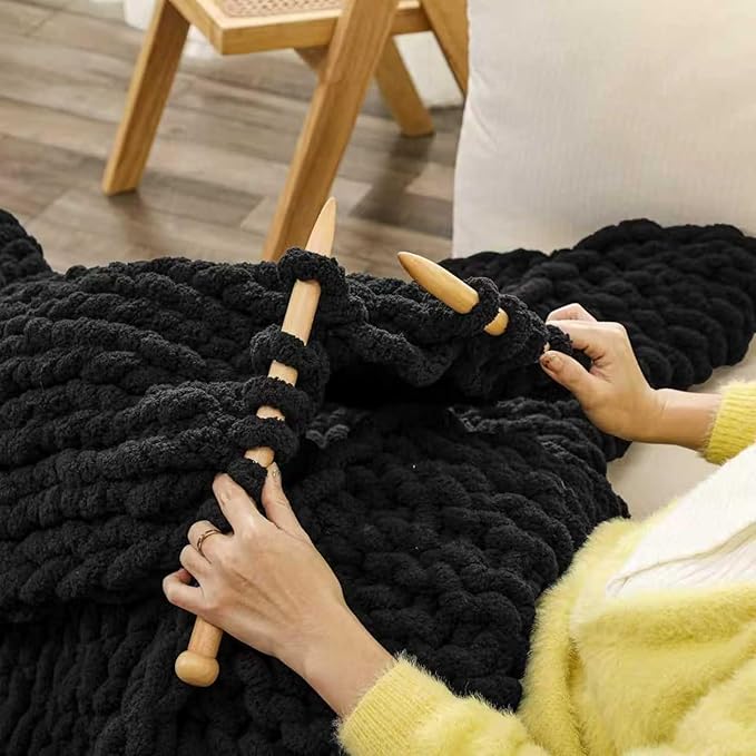 Chunky Chenille Yarn for Hand Knitting 8 Jumbo Pack Jumbo Chunky Yarn for Hand Soft Blanket Knitting, Bulky Thick Fluffy Yarn for Crocheting (Black)