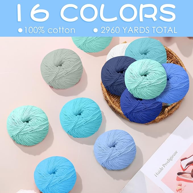 16 Skeins Cotton Yarn for Crocheting Knitting Soft Fine Clothes Cotton Blankets Yarn Bulk Assorted Colors for DIY Craft, Each 50g/185yard, 16 Colors(Blue Series)