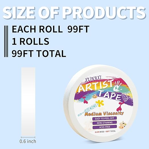 1 Packs Artist Tape Medium Tack White Art Tape for Watercolor Paper Drafting Art Painting Canvas Framing Acid Free Masking Tape- 0.6IN Wide 99FT Long Total