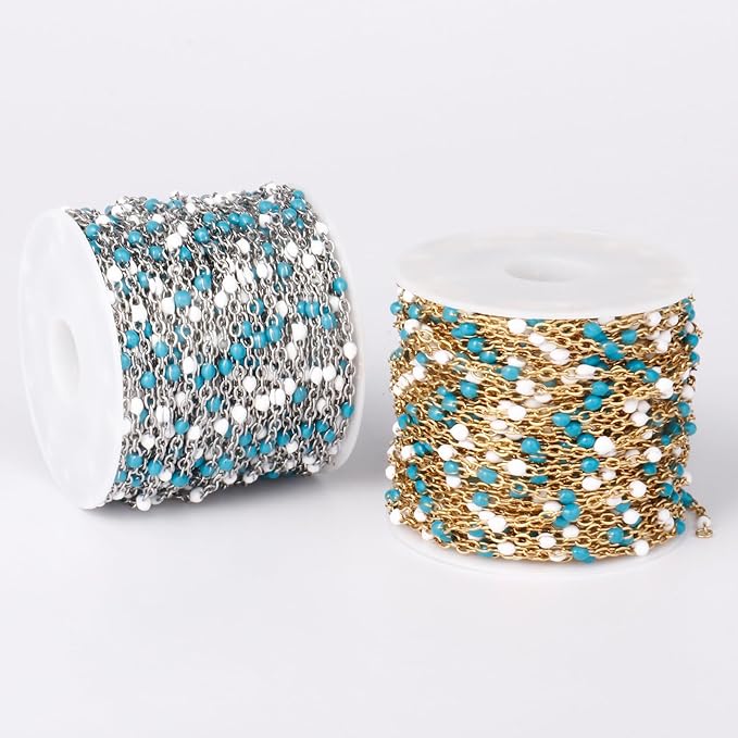 33 Feet Stainless Steel Enamel Chains Bulk, 2mm 304 Stainless Steel Blue White Enamel Beaded Cable Link Chain Roll Spool for Jewelry Making