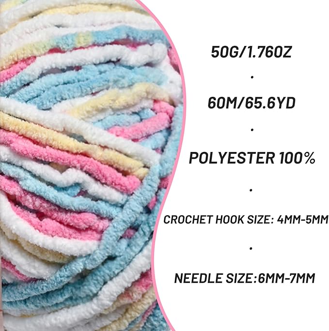 2 Packs Plush Chenille Chunky Crochet Yarn - Baby Yarn for Crocheting Soft - Velvet Yarns Knitting for Blankets Crafts - Fluffy Amigurumi Yarns 100g/131yds (2 Candy Color)