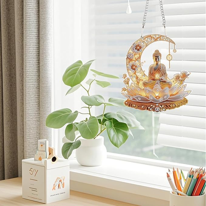 JZHYOAN DIY Hanging Diamond Craft Pendants Buddha Diamond Painting Art Hanging Kit Wind Chimes with Diamonds Art Window Pendants Craft for Adult Acrylic Pendant Ornaments Kits Crystal Arts Pendant
