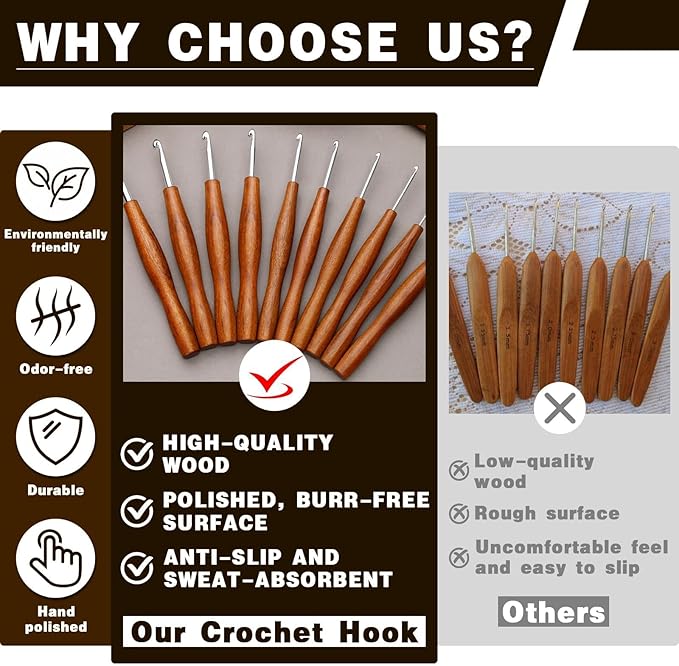 Nitlak Crochet Hooks Set, 3 Sizes Aluminum Ergonomic Crochet Hooks with Wooden Handle for Arthritic Hands, Beginners, Crochet Needles for Knitting Gloves, Sweaters and Blankets (1.5mm/2.5mm/3.5mm)