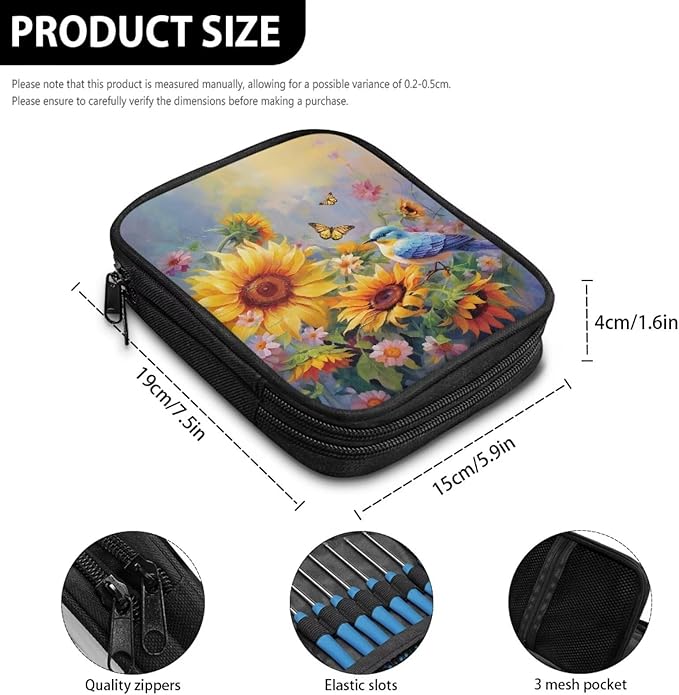 Hechitok Hummingbird Sunflower Crochet Hook Case Zipper Storage Organizer Bag with Pockets for Various Crochet Needles/Knitting Accessories/Crochet Hook Kit Tools