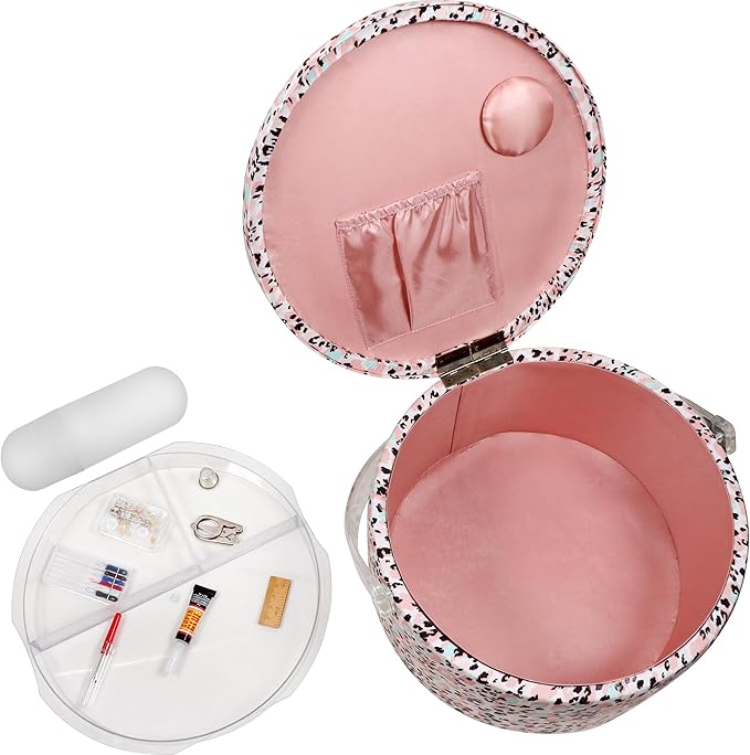 SINGER Large Round Sewing Basket with Emergency Travel Sewing Kit & Matching Zipper Pouch - Rose Pink Leopard Print