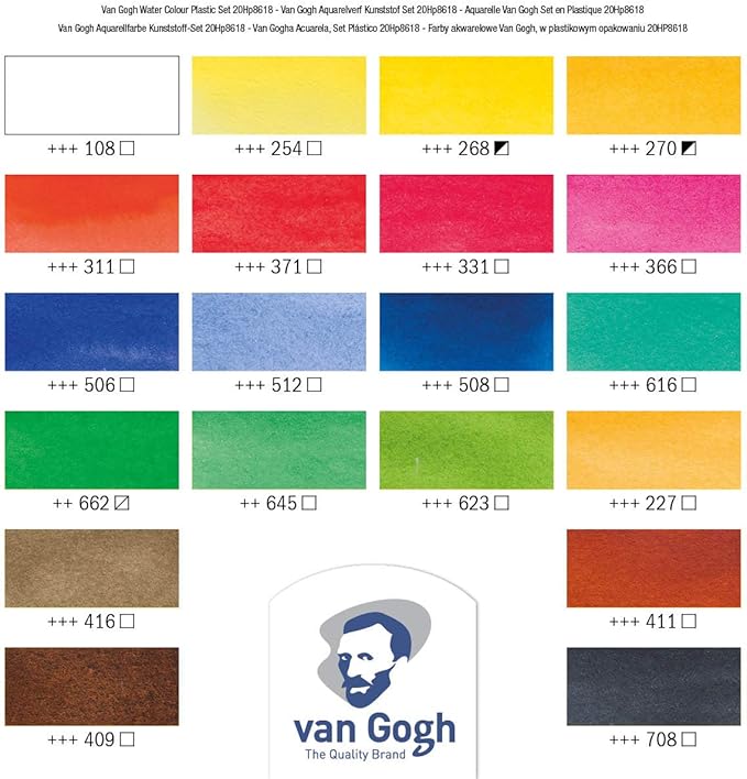 Van Gogh Watercolor Paint Set, Plastic Pocketbox, 18-Half Pan + 2x10ml