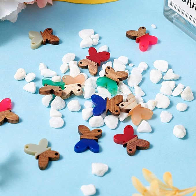 Beadthoven 12pcs/6 Pairs Butterfly Wood Resin Charms Connector Pendants, Mini Small Butterfly Wood Earrings Blanks Wooden Pendants for DIY Bracelet Jewelry Making Spring Boho Earrings Necklace Women
