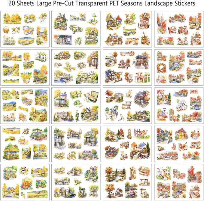 Large Transparent PET Autumn Landscape Sticker Book for Journaling, 20 Sheets Pre-Cut Scenery Stickers for Scrapbooking Supplies, Collage Decorative, 9.25 x 6.58 inches