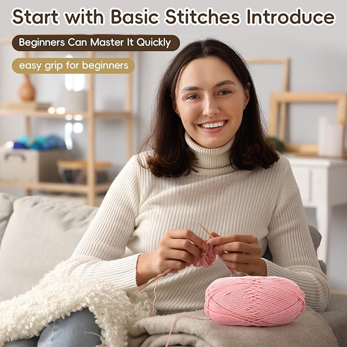 GliCraft Knitting Kits for Beginners Adults Hat Knit Kit with Yarn, Knitting Needles, Faux Pom, Scissors, Measuring Tape Practical and Easy to Use Complete Beginners for Women Men Present(Dark Pink)