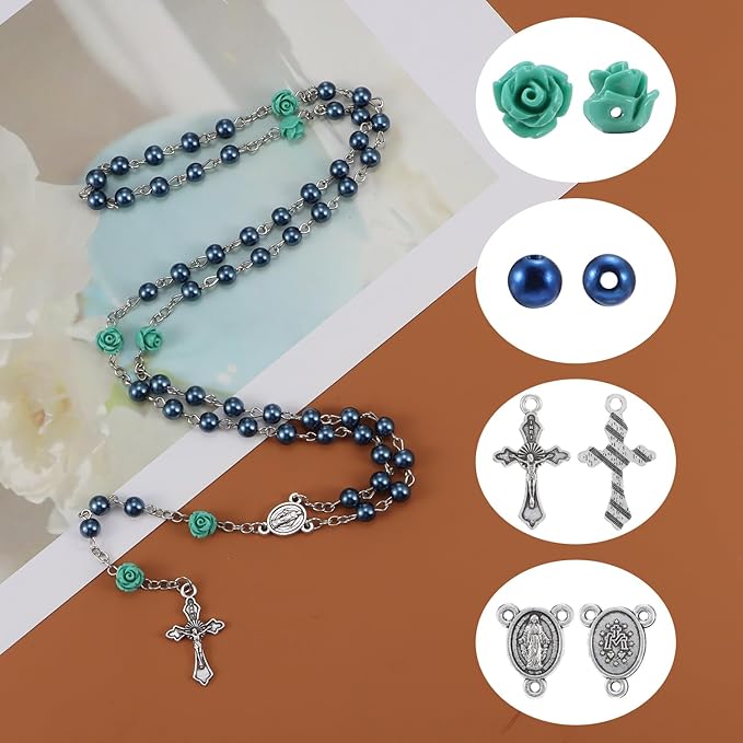 610Pcs Rosary Jewelry Making Kit, Rosary Pearl Beads Carved Rose Beads Rosary Cross Centerpiece Crucifix Medal, Rosary Prayer Making Supplies First Communion Necklace Bracelet Jewelry Making (Blue)