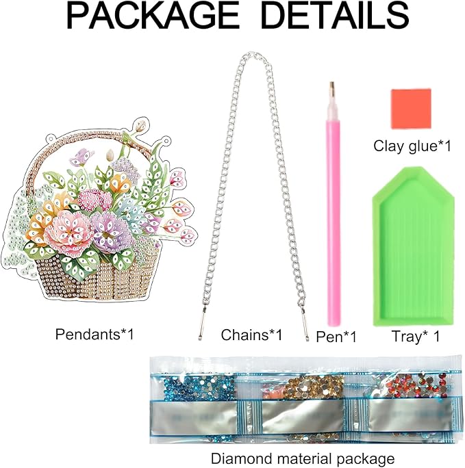 Flowers Basket Diamond Art Hanging, 5D DIY Diamond Painting Ornament, Creative Handmade Acrylic Pendant, Mosaic Making Kit by Number, Home Decoration, Valentine’s Day Gift