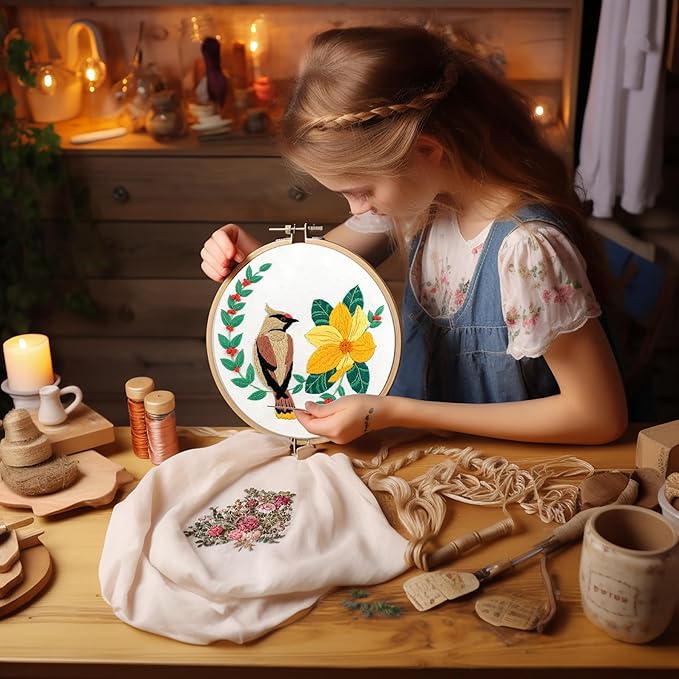 bonroy 4 sets embroidery set for beginners, art craft, easy sewing, includes embroidery clothing, pattern, embroidery hoop, instruction manual, colorful thread needles set (6 pieces)