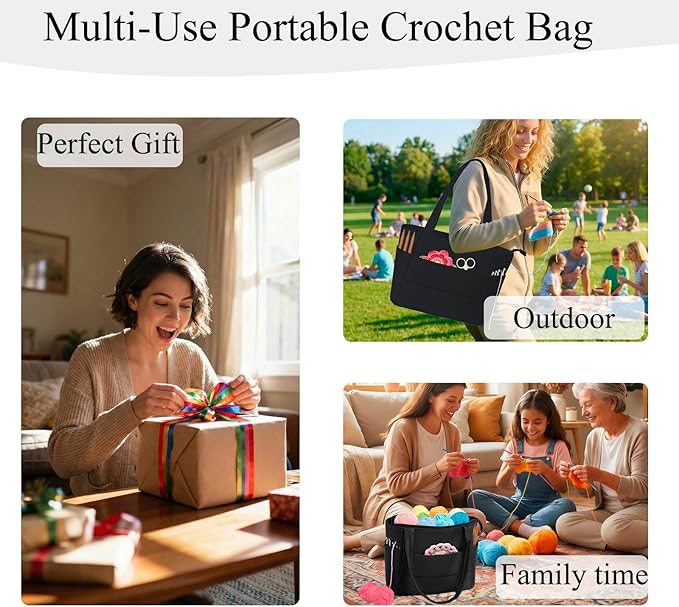 Crochet Bag for Yarn Storage, Puffer Knitting Bag with Soft Handles, Lightweight Yarn Storage Organizer with Zipper for Crochet Accessories, Gifts for Crocheters (Black)