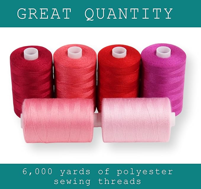BlesSew Sewing Thread in Red & Pink Color Tones – 6 Spools of Polyester Thread for Sewing Machine for Beginners, Hand Stitching & Quilting - 1000 yds per Spool