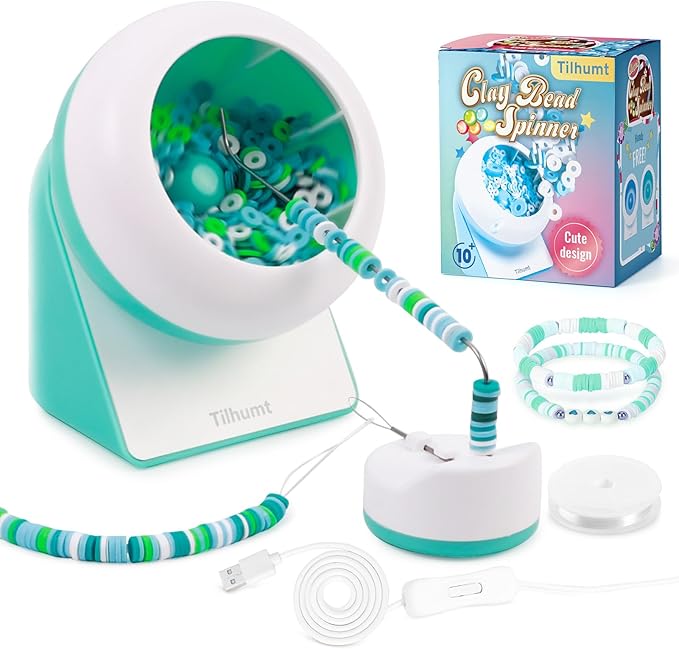 Tilhumt Clay Bead Spinner, Electric Bead Spinner for Jewelry Making, Friendship Bracelets Maker with Needle and Elastic String, Gift for Patent Design, Green (Beads Not Included)