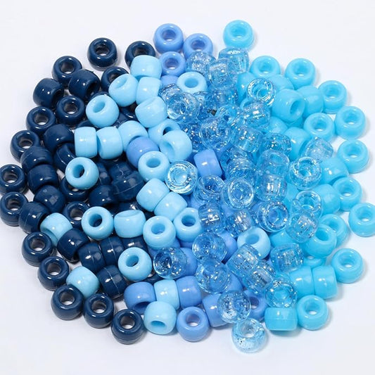 1200Pcs 6x9mm Pony Beads for Bracelets Making Kit, 5 Style Blue Colors Kandi Beads Bulk for Friendship Bracelet Kit, Hair Bead for Braids with Stretch Cord and Scissors