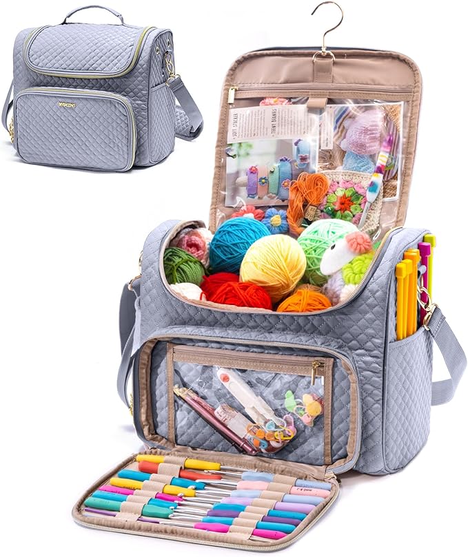 Crochet Bag Organizer, Quilted Storage Bag with Hanging Hook, Yarn Holder for Knitting & Crochet Accessories, Mother's Day Gift