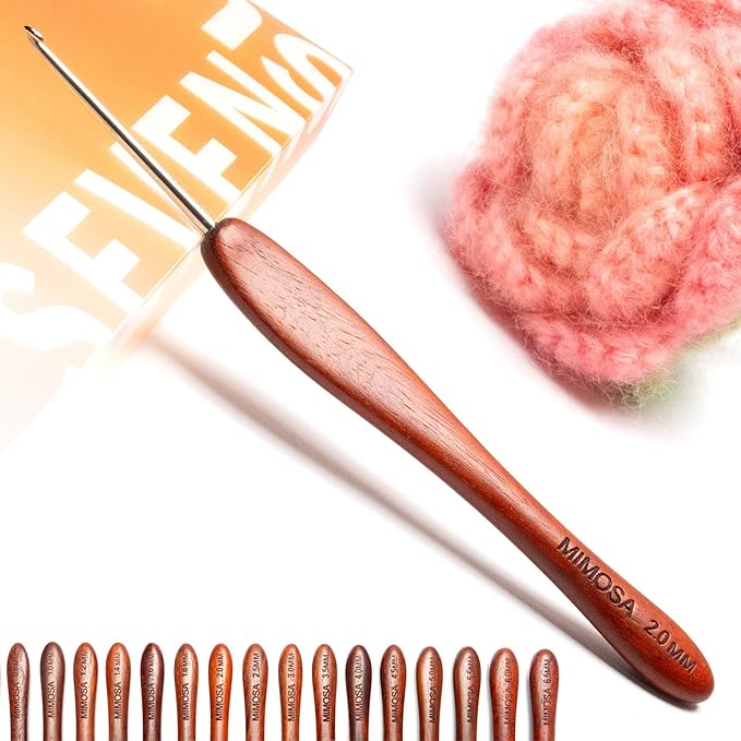 SEVENSUN Mimosa 2mm Single Crochet Hook, Available in 0.6mm-6.5mm, Ergonomic Hand Polished Stainless Steel Inline Pointy Wood Handle Crochet Hook for Arthritic Hands, Mother's Day Gifts for Mom