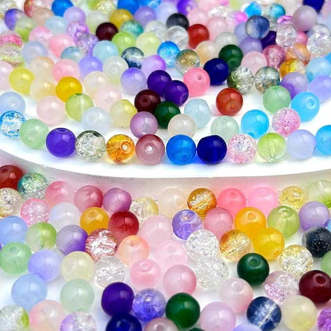 300pcs 6mm Glass Beads, Assorted Glass Beads for Jewelry Making, Colorful Round Spacer Crackle Bead Kit for Bracelet Necklace DIY Craft