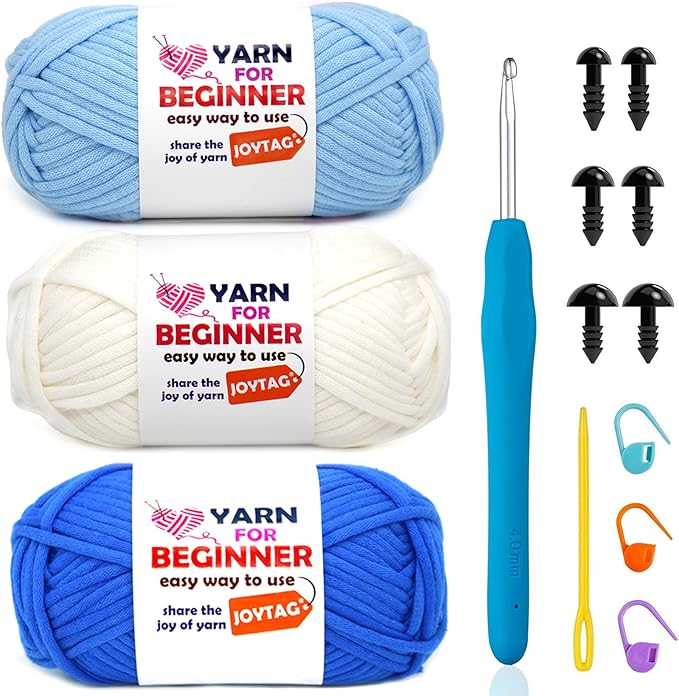 3 Pack Beginner Crochet Kit - Cotton Yarn for Knitting & Crocheting with Easy-to-See Stitches - 3x50g Dark Blue, White & Light Blue