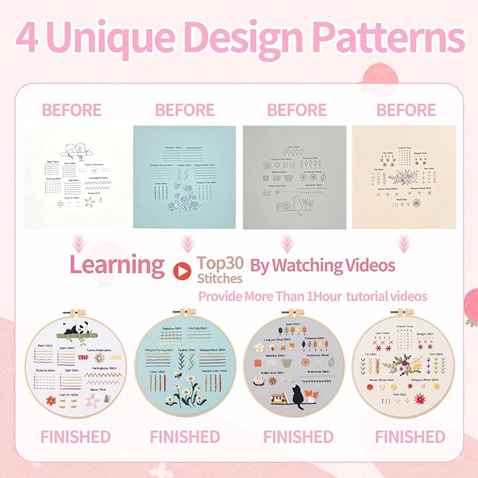 Jyphorixal Embroidery Kit for Beginners Adults Cross Stitch Starter Kit Needle Point Supplies 30 Basic Stitches in 4 Set, DIY Craft Lover Starter Hand Stitch