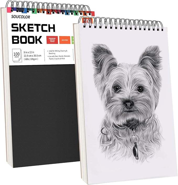 professional drawing supplies for sketch, charcoal, colored, graphite, pastel pencils & sticks. soucolor 2-pack 9" x 12" sketch book, 200 sheets spiral bound 68lb/100gsm paper for kids adults artists