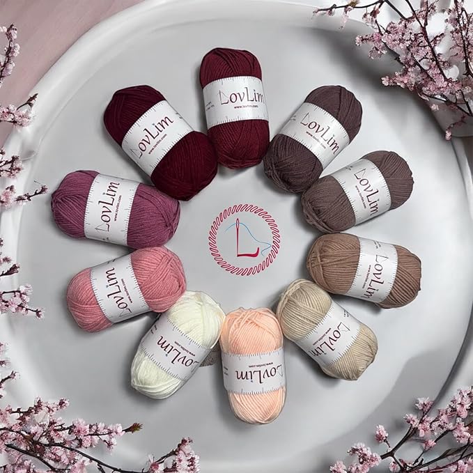 Crochet Yarn, 10x50g Soft Cotton Yarn Skeins, 1200+ Yards, for Crochet and Knitting, Free Crochet/Amigurumi Patterns, Craft DK Yarn Perfect Starter Kit (Pinkish_Brown)