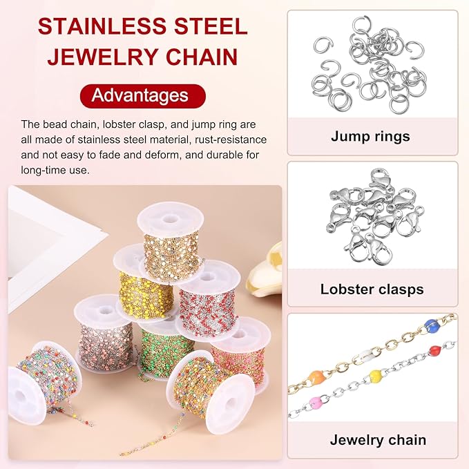 MECCANIXITY Stainless Steel Bead Chain, 16.4 Feet/5M Enamel Beaded Jewelry Link Cable Chains Spool Kit for Jewelry Making, Necklace, Bracelets, DIY Crafts (Silver/Grey White Pink, Pack of 1)