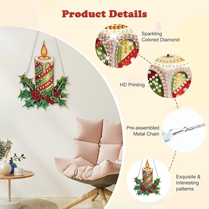 HEIBAGO Candle Diamond Art Hanging Kits for Adults Kids, 5D Special Shaped Crystal Diamond Painting Kit, DIY Pattern Window Pendant Gem Art Kit for Home Wall Decor 8.3 x 8.3 Inch
