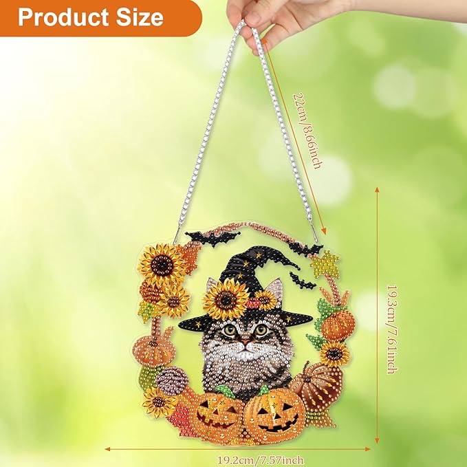 CEOVR Halloween Diamond Painting Hanging Ornament, Cat Pumpkin 5D Special Shape Diamond Art, Crafts for Adults DIY Fall Gem Art, Acrylic Home Garden Window Wall Decor with Chain, Box Kit, 7.57×7.61in