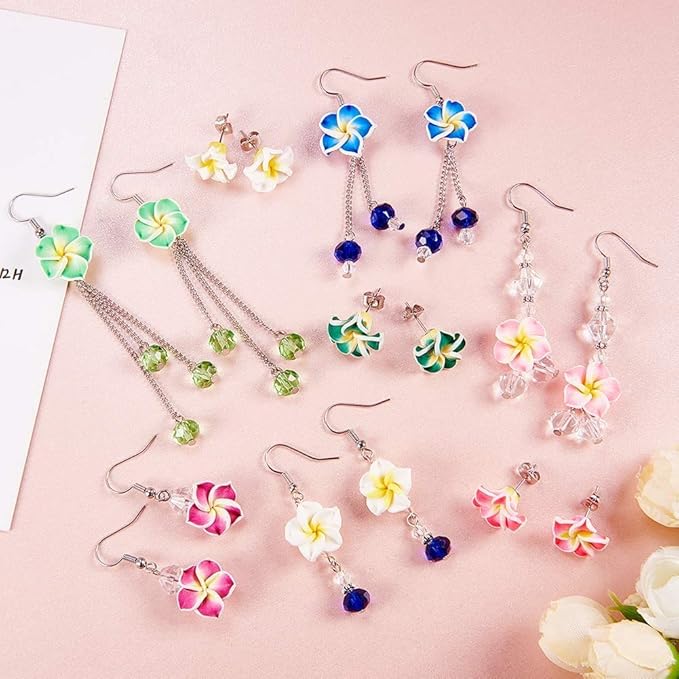 SUNNYCLUE 100Pcs 10 Color Polymer Clay Flower Beads Plumeria Spacer Loose Beads 15x8mm 5 Petal Summer Hawaii Floral Hawaiian Beach Spacer Charm Beads for Jewelry Earring Making Supplies DIY Craft