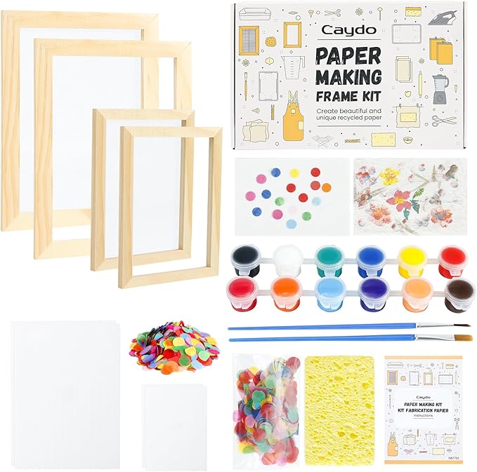 Caydo Paper Making Kit, 2 Size A5 A6 Papermaking Mould and Deckle with Pulp Sheets, Mesh, Sponge, Paints & Confetti, Paper Making Screen Kits for Adult, DIY Paper Making Supplies for Craft Lovers
