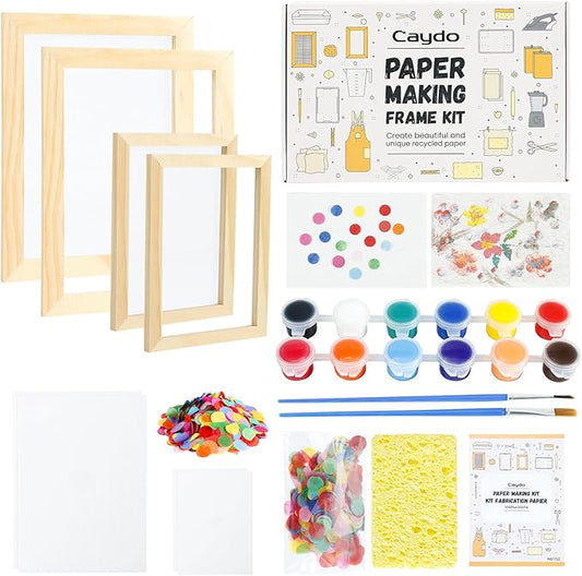 Caydo Paper Making Kit, 2 Size A5 A6 Papermaking Mould and Deckle with Pulp Sheets, Mesh, Sponge, Paints & Confetti, Paper Making Screen Kits for Adult, DIY Paper Making Supplies for Craft Lovers