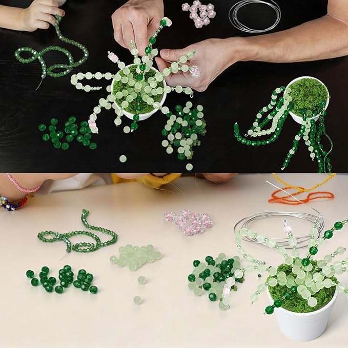 Hoolerry 2 Sets DIY Beaded Plant Kits 2.5 Inch Mini Beads and Planter Making Kit Crafts Desktop Vase Decor Green Beads Succulent Flower Kit Ornaments for Home Decor Plants Lover Handmade Gifts (White)