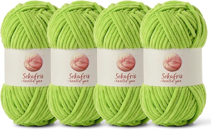4 Pack Chunky Chenille Yarn for Crocheting, Baby Yarn for Crocheting Soft Blanket, 349.9 yds /14.1 oz Crochet Yarn, Bulky 5 Amigurumi Yarns, Fluffy Velvet Yarns for Knitting Crafts (4 Lime Green)