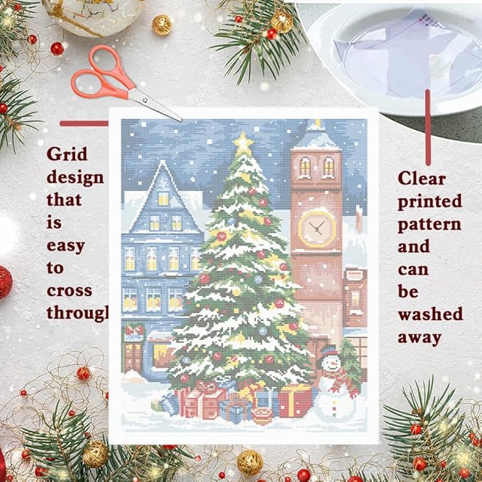 FREEBLOSS 11CT Christmas Tree Printed Cross Stitch Kits Stamped Embroidery Kits with Instruction Wall Hanging Kit for Needlepoint Adults Wall Art Decoration 16x20in/40x50cm