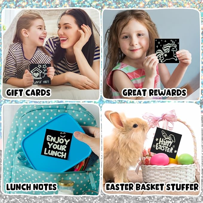 ZMLM Easter Basket Stuffers for Kids，165 Rainbow Scratch Paper Art Notes: Easter Crafts for Kids Ages 4-8, Gifts Girls Boys Toys Classroom Prizes for Students School Activity(Silver)