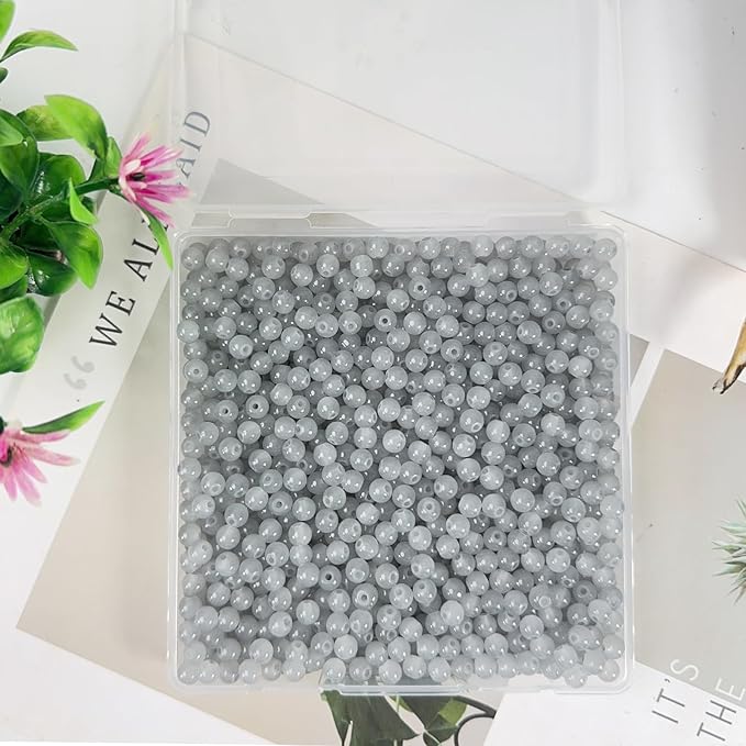 6mm Round Glass Beads for Jewelry Making, 900Pcs Glass Seed Beads for Bracelets, DIY Crafts (Light Grey)