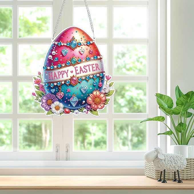 Bowetile Easter Hanging Diamond Art Kits for Adults, 5D Special Shape Diamond Painting Egg Kits, Easter Egg Diamond Gem Art Suncatchers Painting Pendant Home Decor, Gifts for Easter
