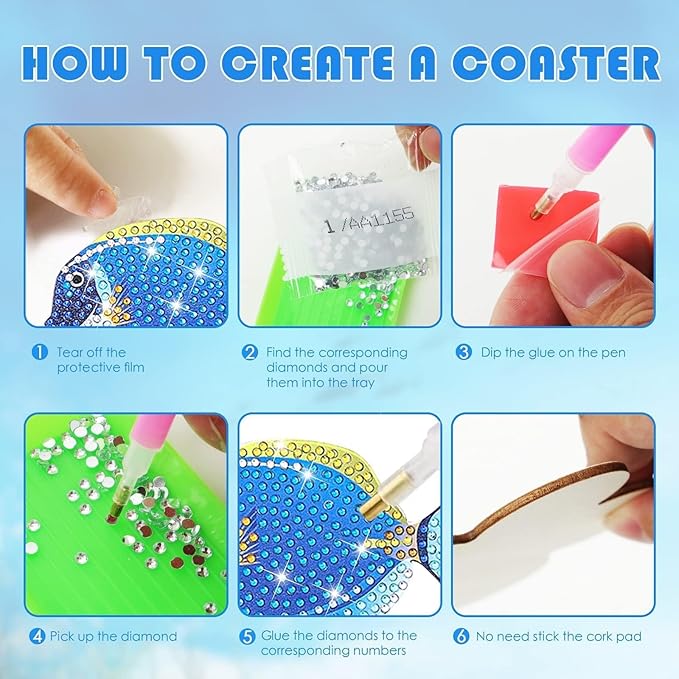 YLOLUL 10 Pcs Summer Fish Diamond Art Coasters Tropical Fish Shape Diamond Art Kits DIY Coasters with Holder for Beginner Adults Kids Craft Supplies Gift