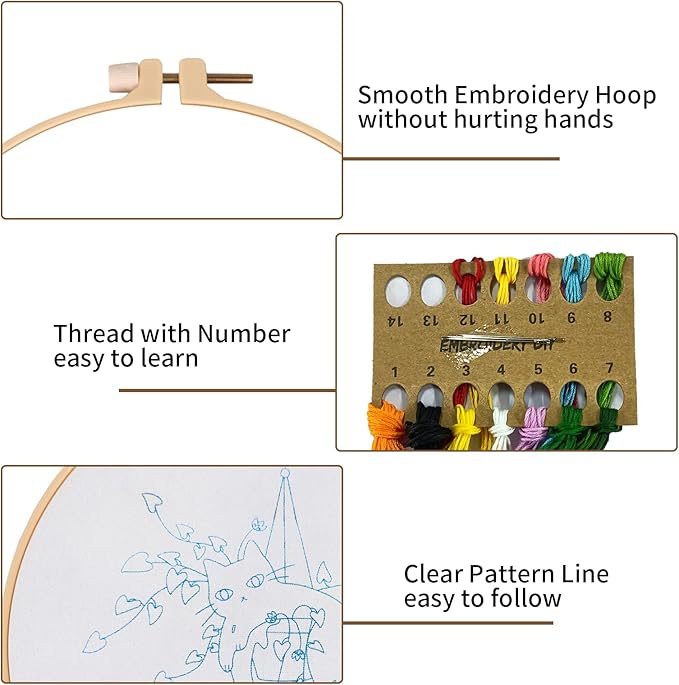 Nuberlic 3 Sets Cute Cat Embroidery Kit for Adults Beginners, Stamped Cross Stitch Starter Kits Include Needlepoint Cloth Hoops Needles Threads and Instruction