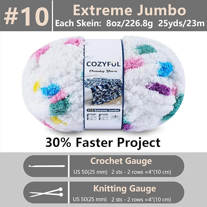 Chunky Yarn for Hand Knitting - #10 Chunky Chenille Blanket Yarn, Jumbo Big Thick Chunky Yarns for Crocheting, Tie Dye Bulky Knit Yarns, 8 Skein (25 yds 8 oz Each Skein), Rainbow & White