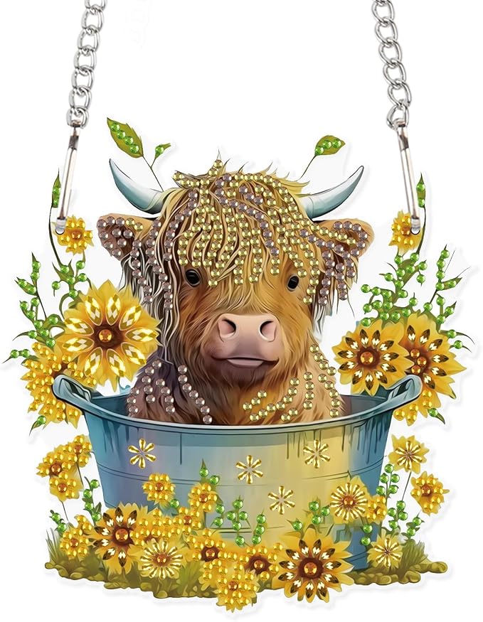 AiYuanzsh Diamond Painting Ornament 5D DIY Diamond Art Animal Cow and Sunflower Creative Design Handmade Acrylic Pendant Mosaic Making Kits by Number Kits Home Decoration Pendant