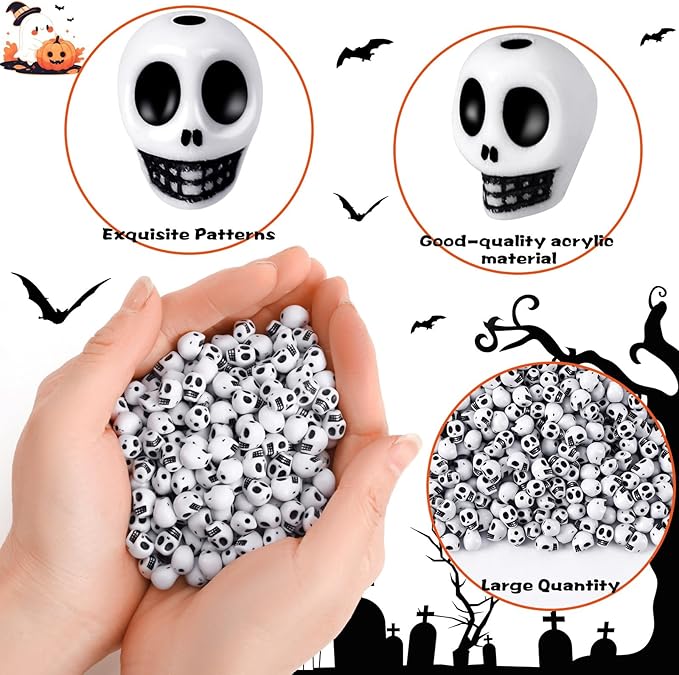 Augshy 700 Pcs Halloween Skull Beads, Black White Skeleton Skull Head Shape Acrylic Beads for Jewelry Making Bracelets Necklaces Key Chain Halloween Home Party Decor (8×10 mm)