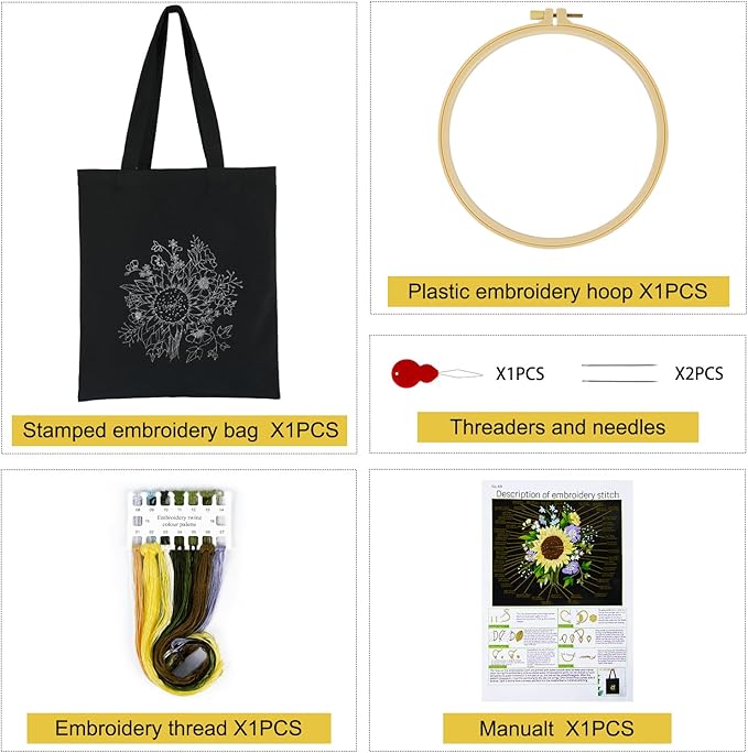 Canvas Tote Bag Embroidery Kit with Sunflower Pattern, Embroidery Kits for Beginners Adults, Arts and DIY Crafts Embroidery Starter kit, Include Stamped Embroidery Bag, Color Threads, Embroidery Tools