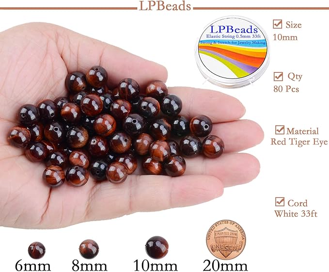 LPBeads 80Pcs Polished 10mm Round Natural Red Tiger Eye Gemstone Loose Beads with Stretch Cord for Jewelry Making Bracelets