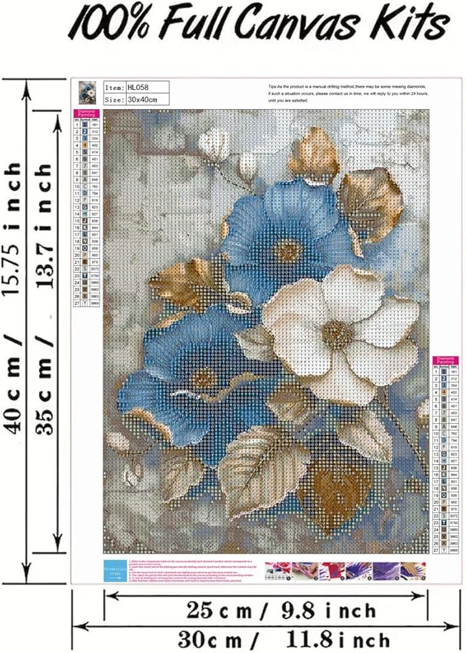 GEMFAMILY 5D Diamond Art Kits for Adults-Diamond Painting Kits for Blue and White Flower,DIY Round Full Drill Diamond Painting Kits for Beginner Home Wall Decor12 X 16Inch