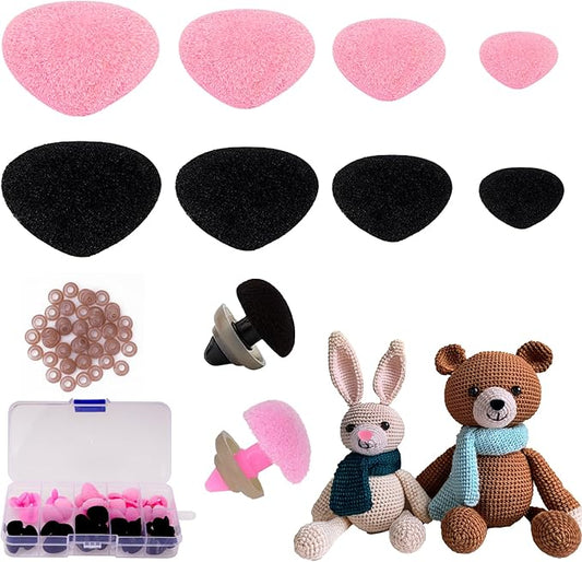 HeXueLy 48-Piece Fuzzy Safety Noses with Washers for Stuffed Animals, Crochet Toys and Amigurumi Dolls, Plush Soft Noses in Multiple Sizes for Teddy Bear and DIY Plush Making Kits